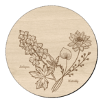 Houten bloem cirkel waterlelie met ridderspoor en naam