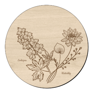 Houten bloem cirkel waterlelie met ridderspoor en naam 1 Houten bloem cirkel waterlelie met ridderspoor en naam