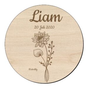 Houten bloem cirkel met waterlelie klein en naam 1 Houten bloem cirkel met waterlelie klein en naam