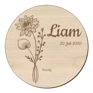 Houten bloem cirkel met waterlelie en naam 1 Houten bloem cirkel met waterlelie en naam