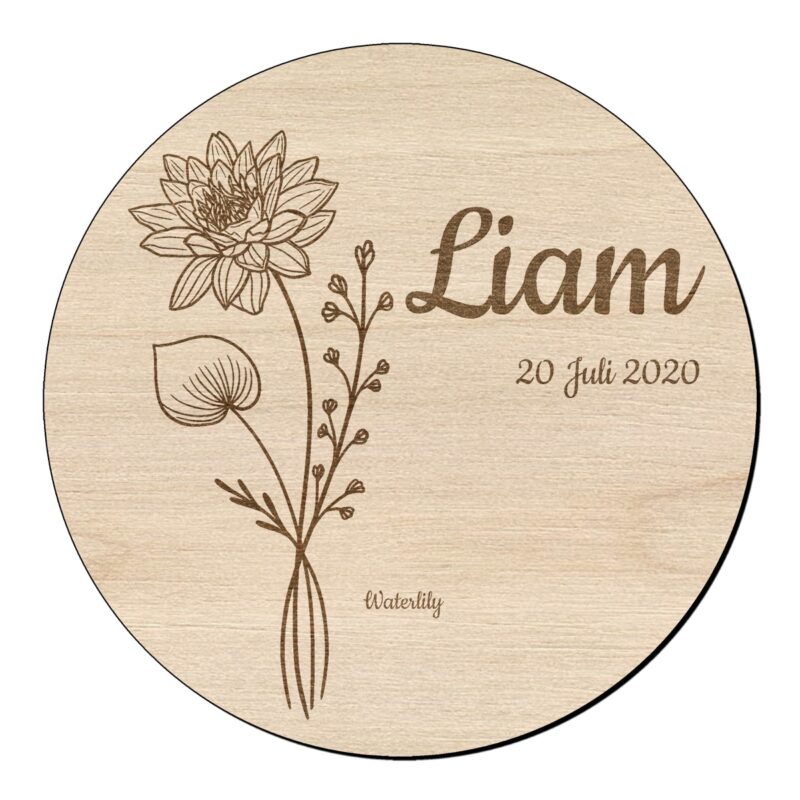 Houten bloem cirkel met waterlelie en naam