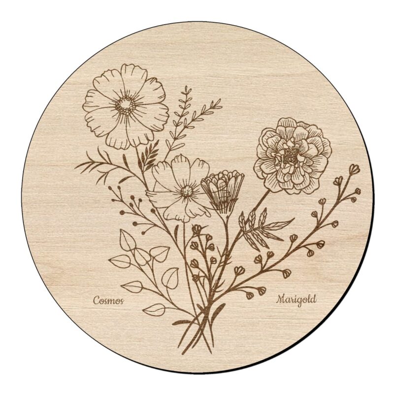 Houten bloem cirkel met cosmea en goudsbloem