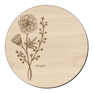 Houten bloem cirkel met goudsbloem met naam